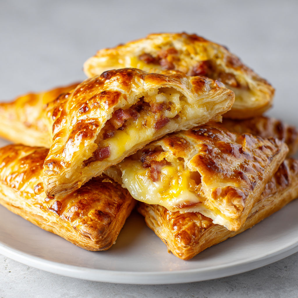 Chaussons à la raclette et bacon posés sur une assiette blanche, bien dorés et appétissants.
