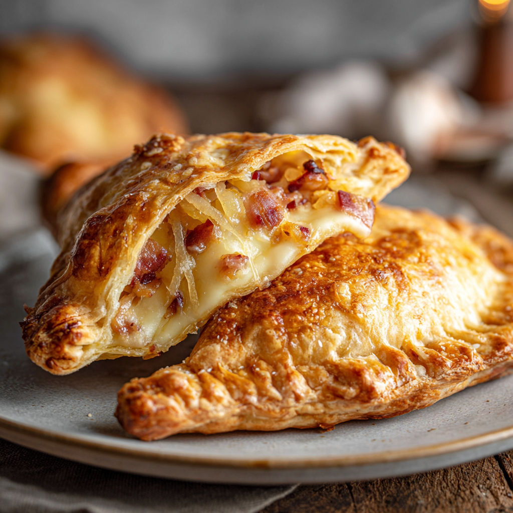 Une belle quiche au fromage coulant et bacon posée sur un plateau.