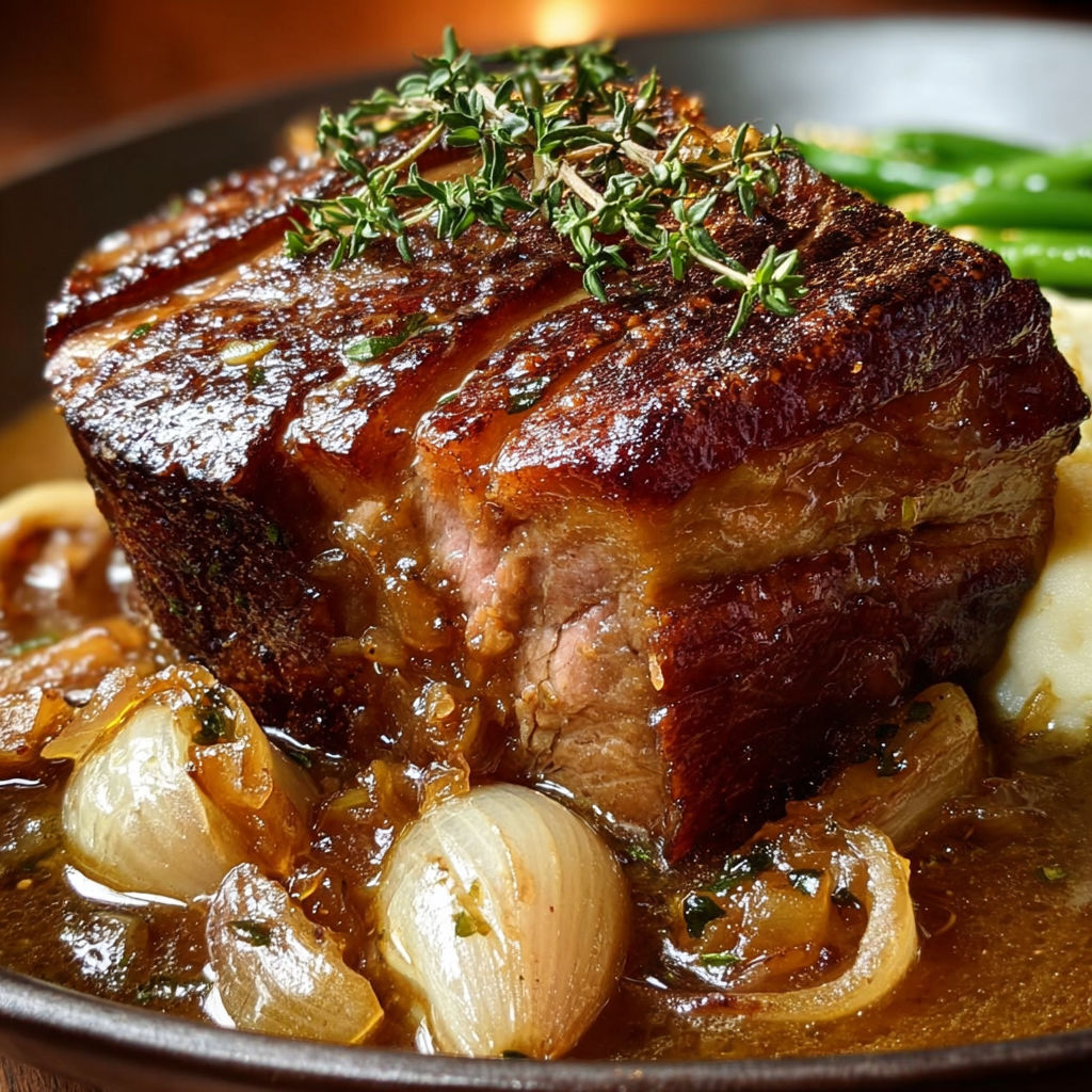 Un morceau de rouelle de porc confite dans une sauce oignons-ail, servi dans un grand bol.