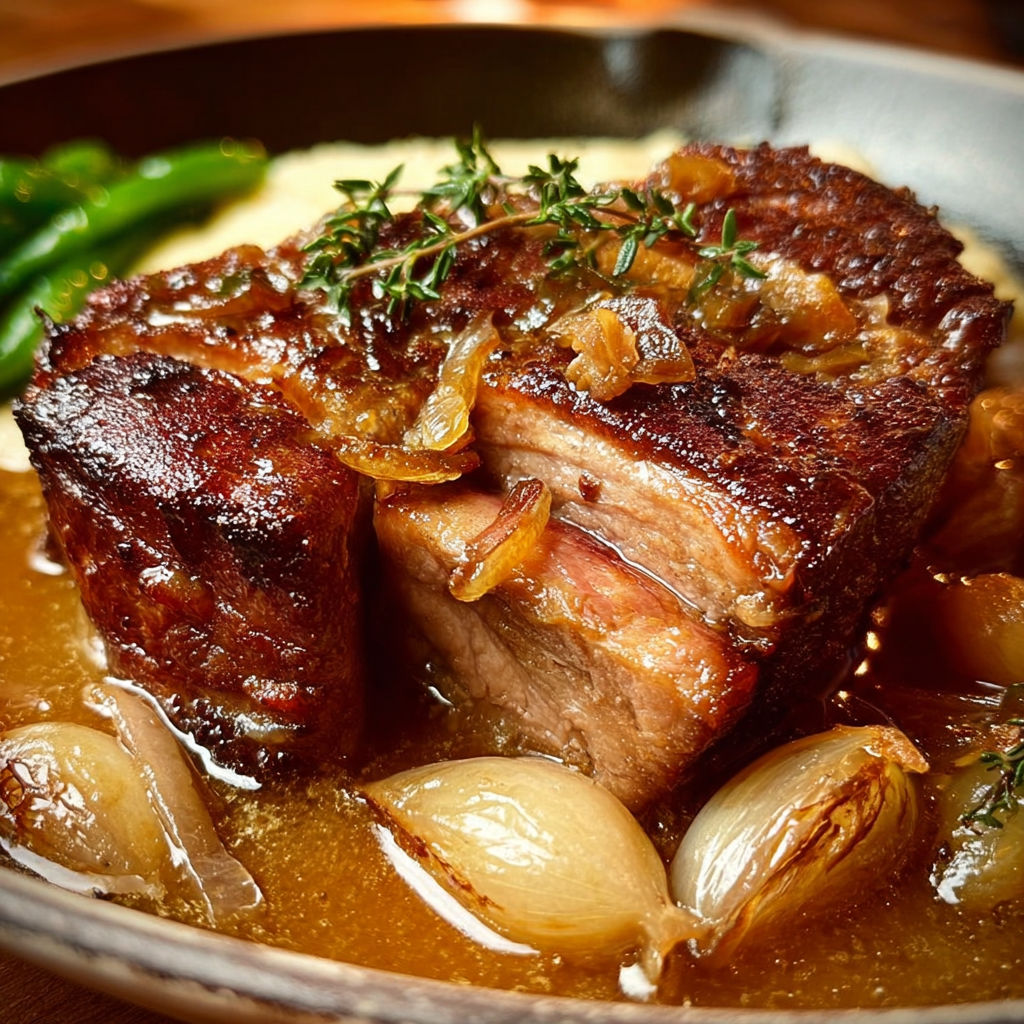 Une belle rouelle de porc confite dans une sauce aux oignons et à l’ail, hyper savoureuse et riche.