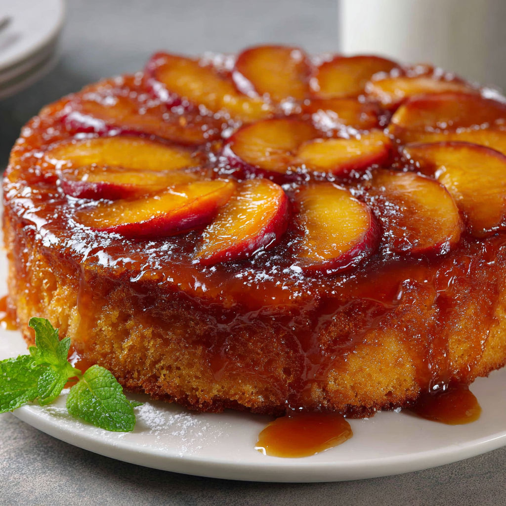 Tarte de fruits nappée de miel et de feuilles de menthe, posée sur un plateau.