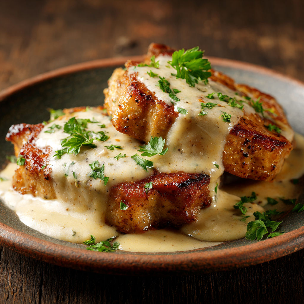 Des côtelettes de porc frites toutes dorées et super tendres dans un joli bol en terre cuite.