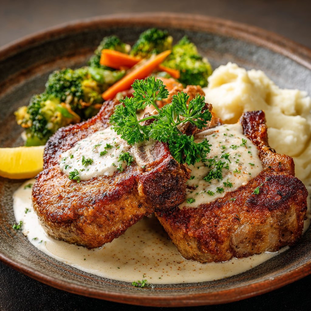Une belle assiette de côtelettes de porc dorées au croustillant parfait entourée de pommes de terre et de légumes verts.
