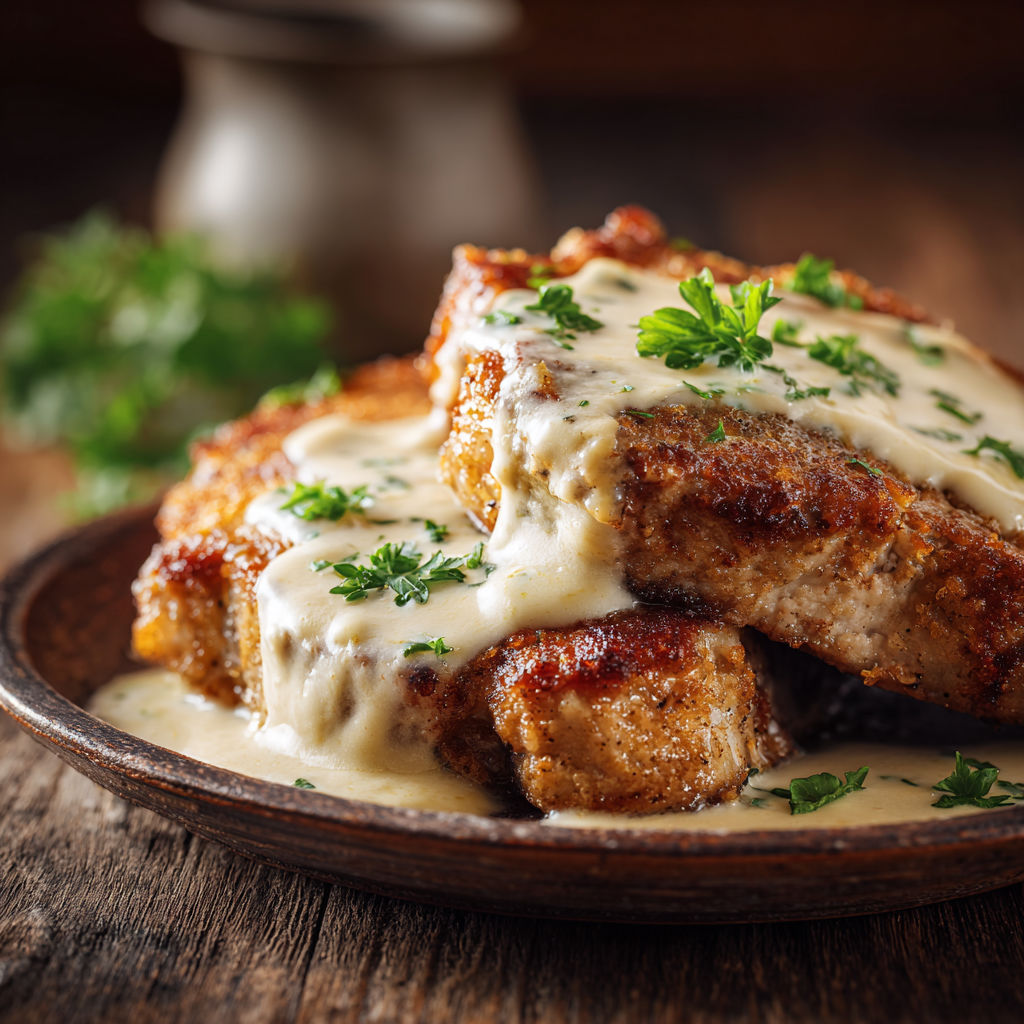 Assiette gourmande de côtelettes de porc croustillantes nappées d'une sauce au beurre.