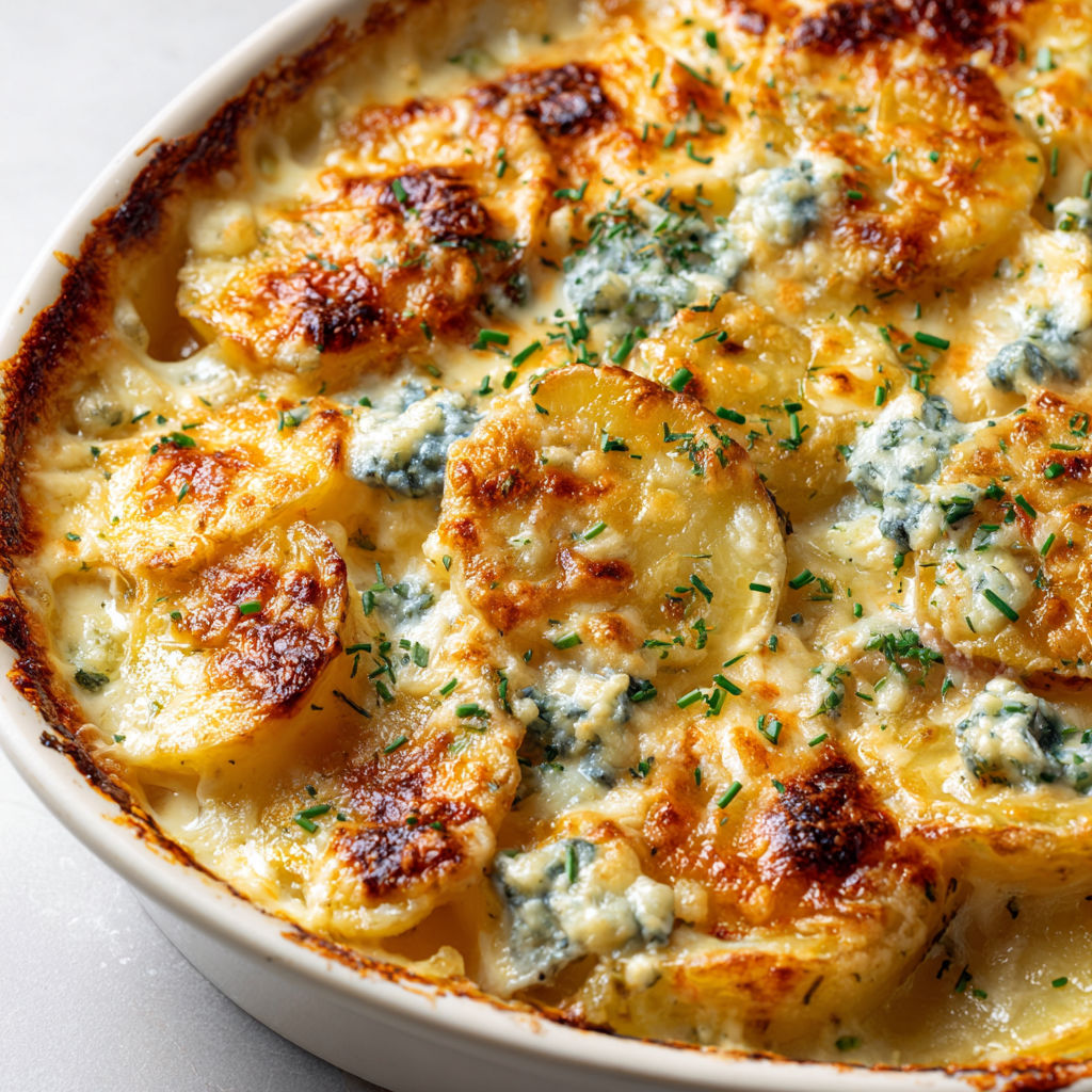 Une belle part de gratin de pommes de terre au bleu servie en bol.