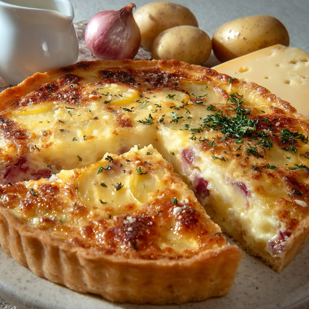 Une savoureuse quiche façon raclette posée sur un plateau avec pommes de terre et oignons.