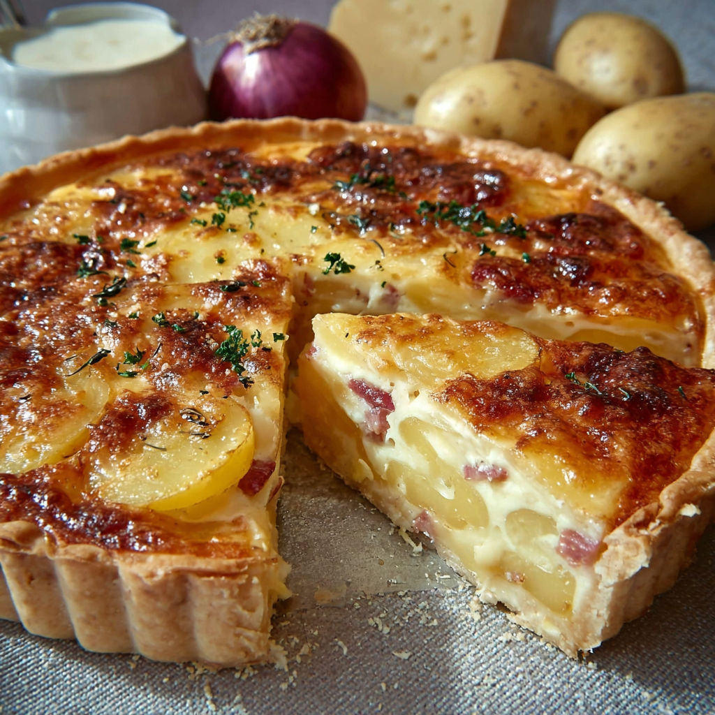 Une quiche façon raclette sur la table à côté de pommes et oignons.