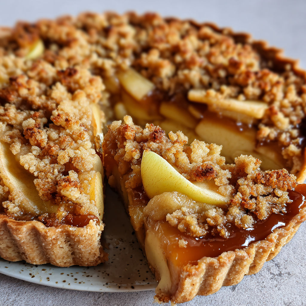 Une belle tarte crumble aux pommes chaude, avec une part bien gourmande et de la compote visible.