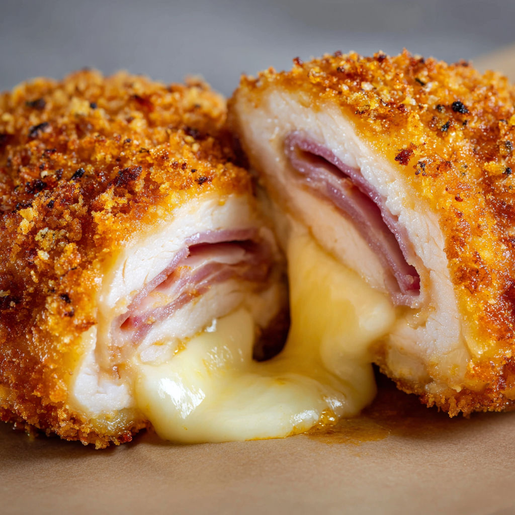 Un croissant doré fourré de fromage fondant et de jambon.