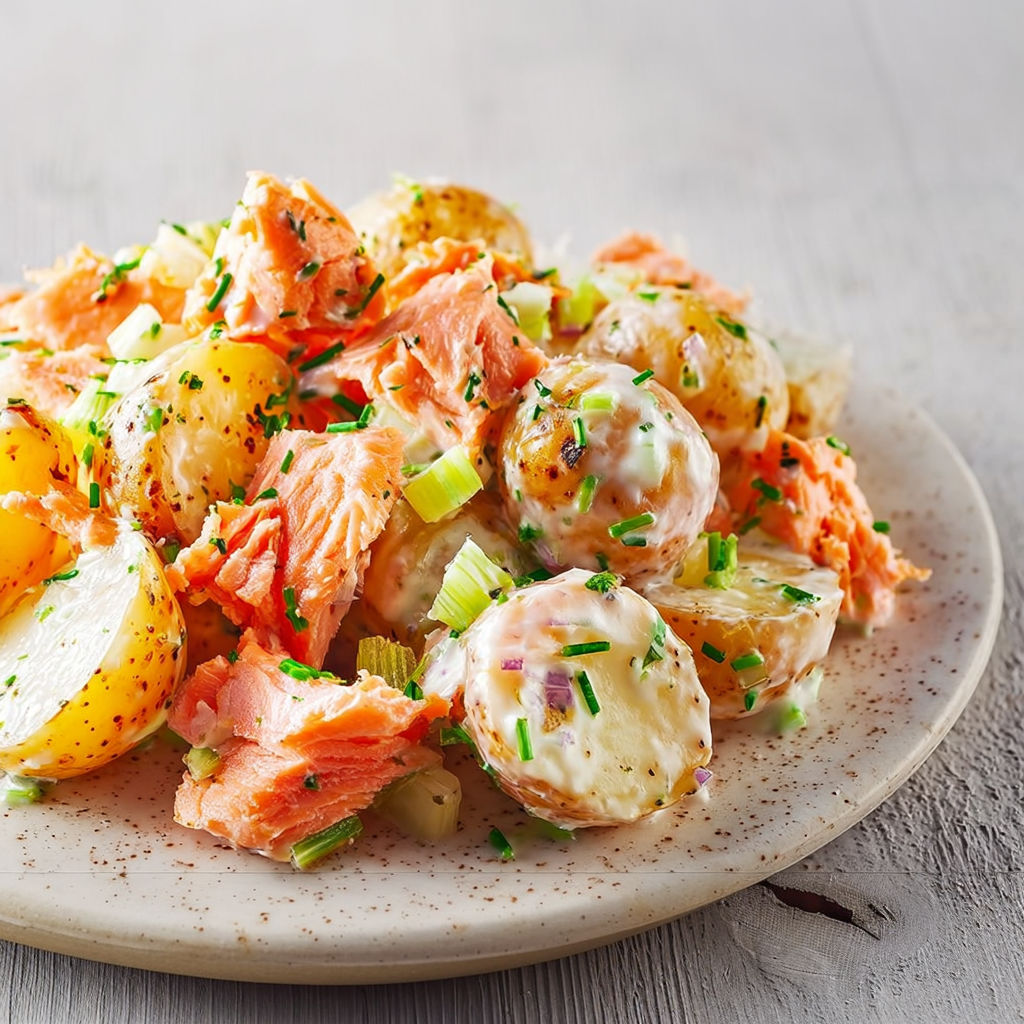 Salade de pommes de terre et saumon, plein d’herbes fraîches par dessus.