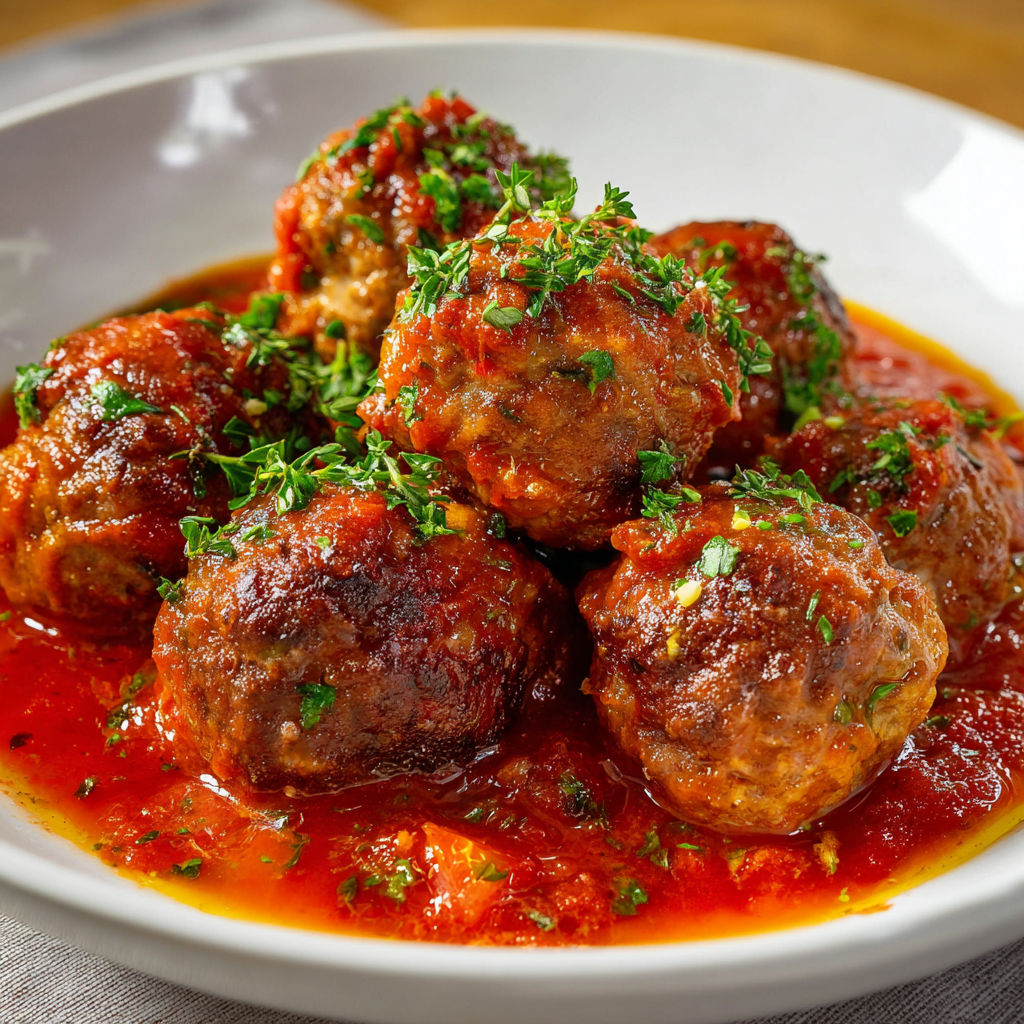 Une jolie assiette de boulettes de viande nappées de sauce tomate et d’herbes fraîches, prête à être dégustée.