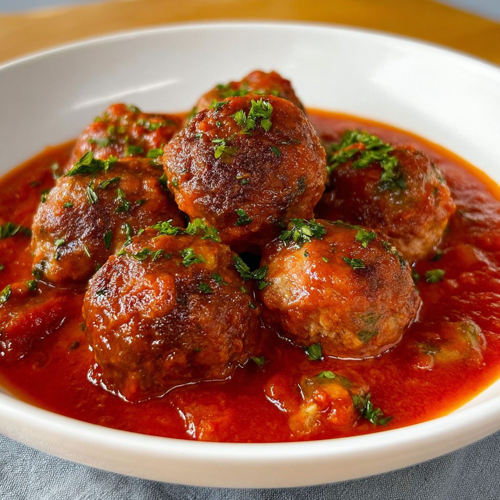Une belle assiette de boulettes nappées de sauce tomate maison bien parfumée.