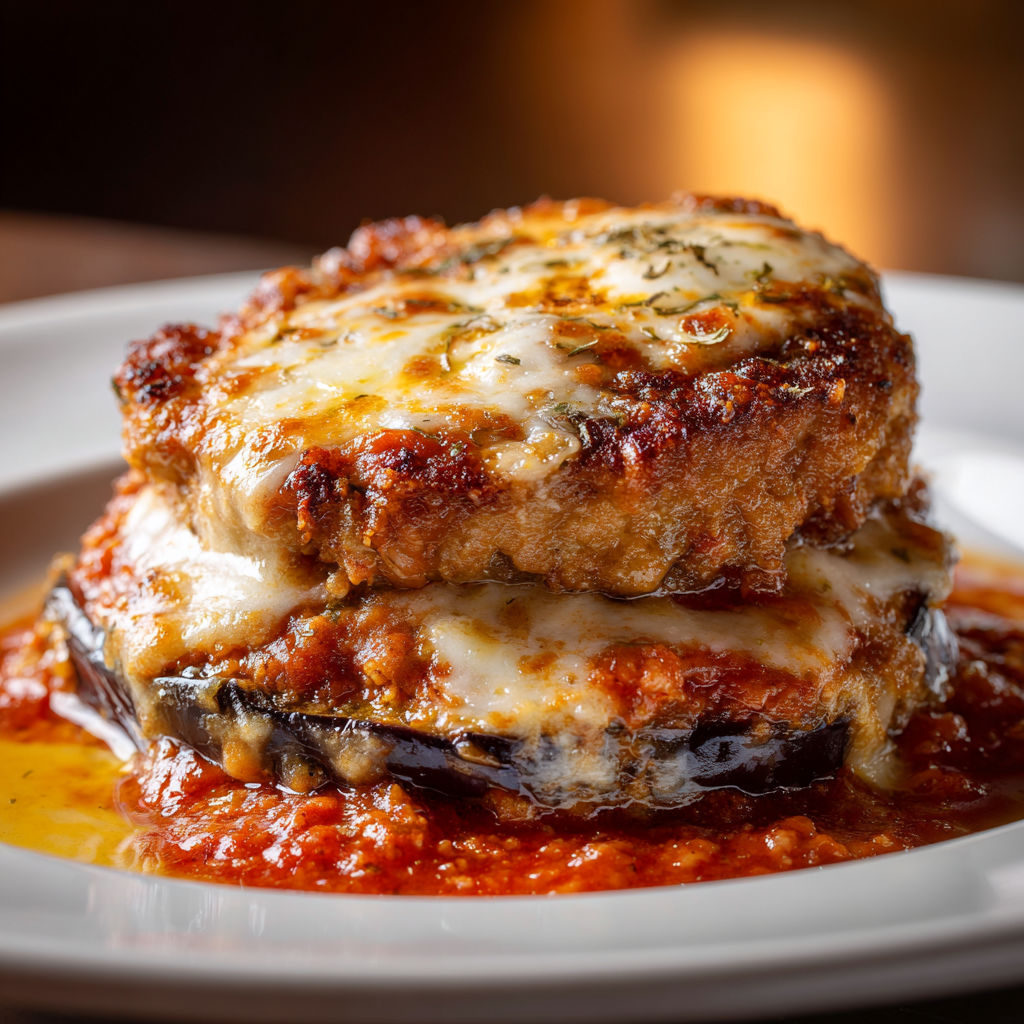 On voit une galette de porc alla parmigiana déposée sur un plat.