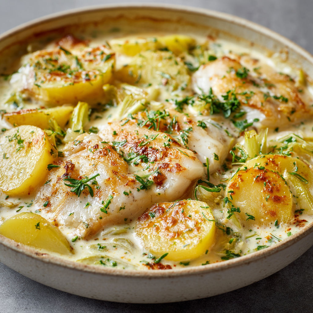 Sole avec pommes de terre, légumes et herbes tout en douceur servi dans un joli plat en céramique.