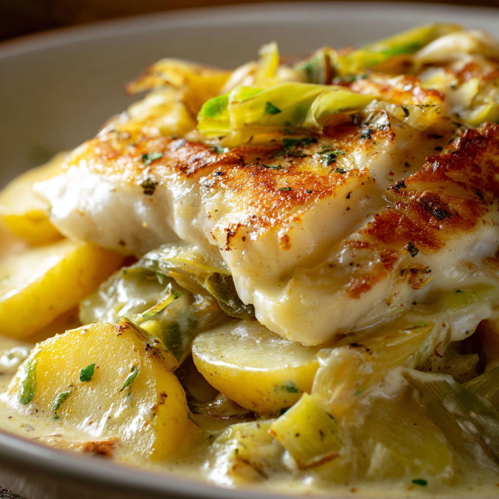 Une assiette de sole et pommes de terre présentée joliment sur un plateau en bois.