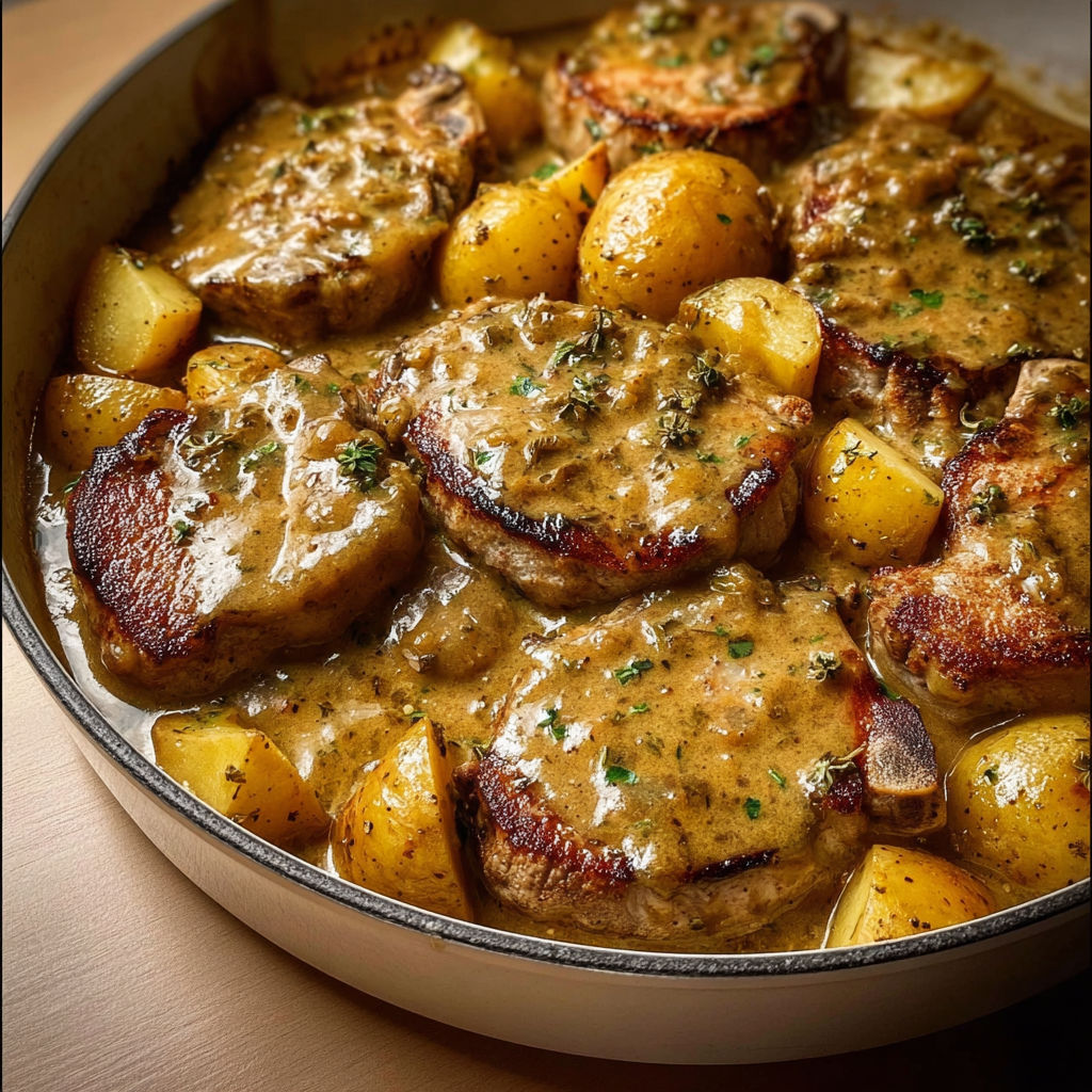 On voit des côtelettes de porc moelleuses et des pommes de terre baignées dans leur sauce dans une grande casserole.
