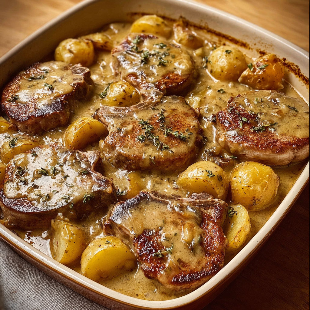 Un plat chaud de porc avec pommes de terre et herbes sur le dessus.