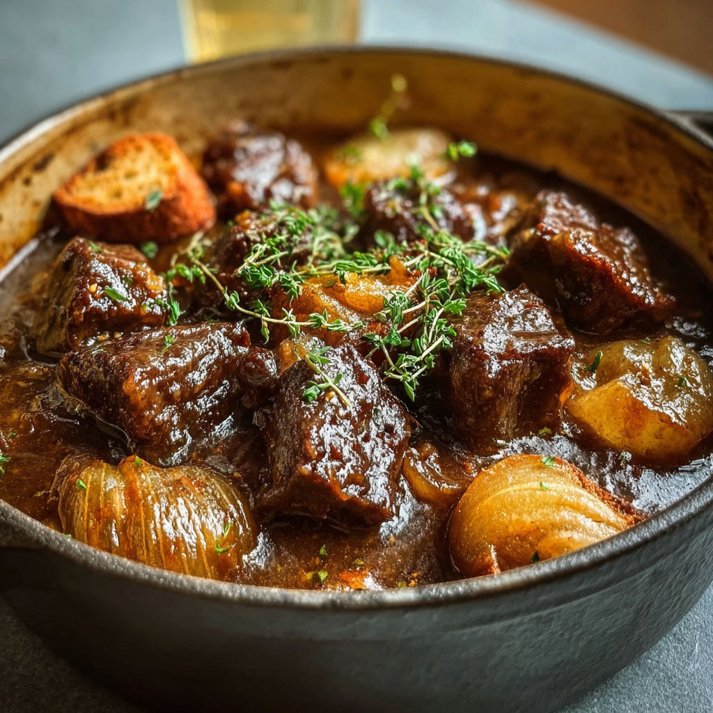 Une bonne cocotte de bœuf mijoté flamand à la bière blonde, garnie de pain grillé et d’herbes fraîches.