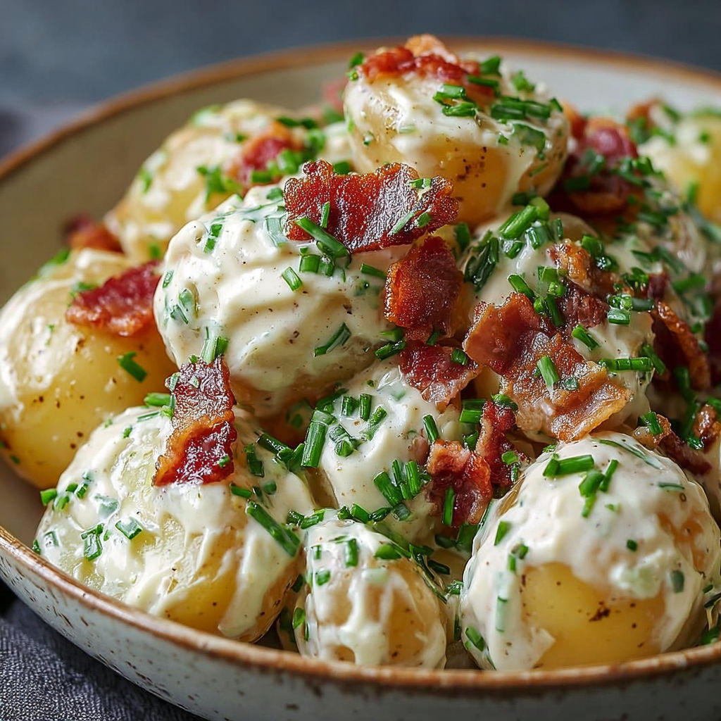 Pommes de terre farcies au bacon, saupoudrées d’herbes fraîches, nappées de sauce onctueuse.