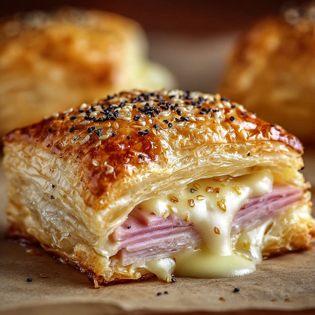 Petite quiche au jambon et fromage, décorée d’herbes fraîches et d’un soupçon de cumin, posée sur du papier cuisson.