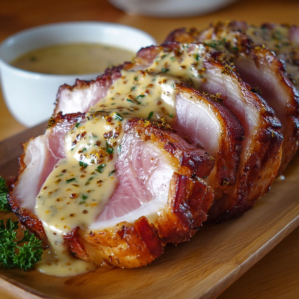 Un beau rôti nappé d’une sauce onctueuse aux herbes, servi avec une salade verte croquante.
