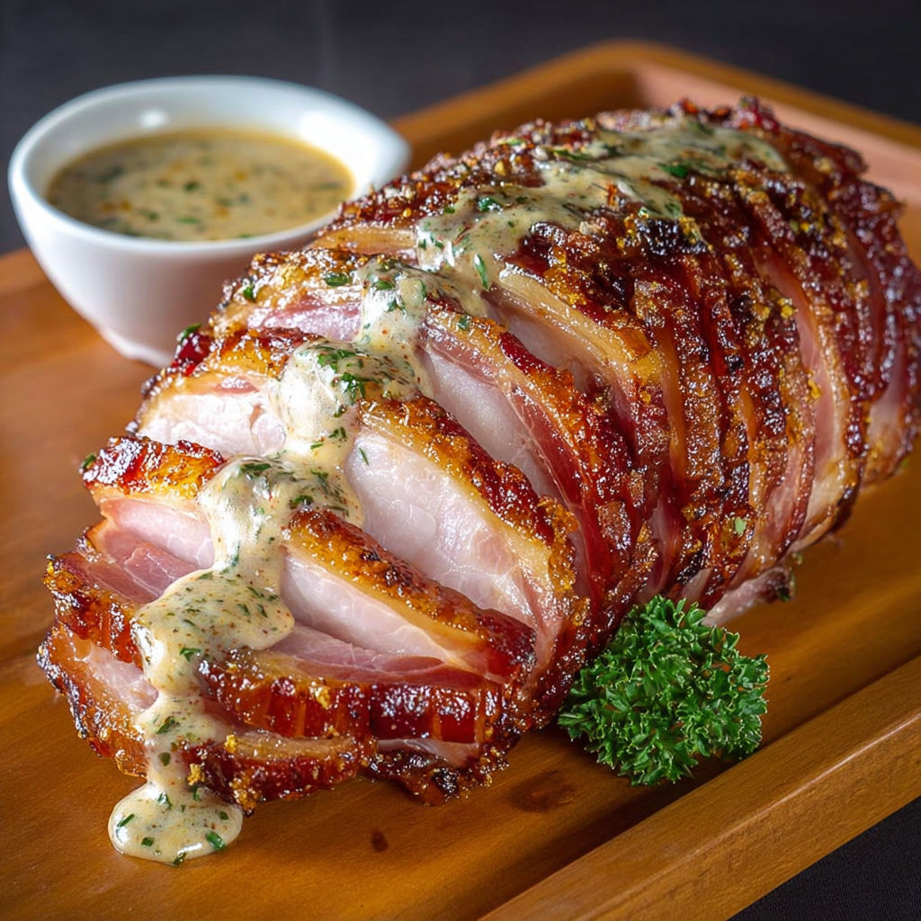 Une belle tranche de viande dorée servie avec une sauce crémeuse au yaourt et des herbes fraîches.