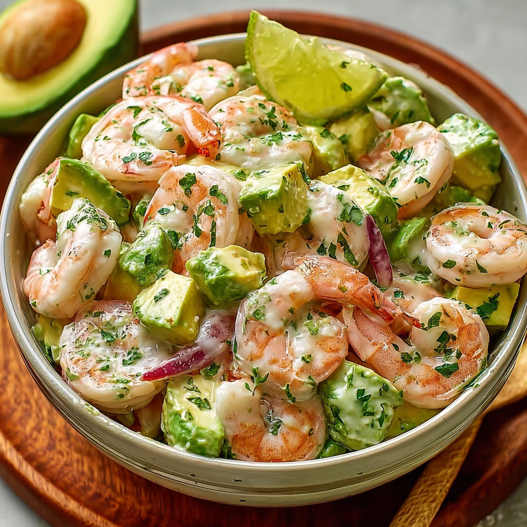 Un bol rempli de salade avocat crevettes ultra crémeuse.