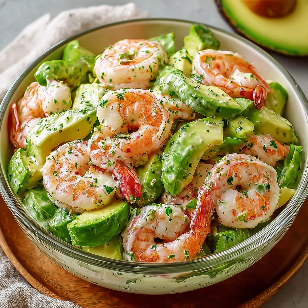 Salade fraîche d’avocat et crevettes, sauce verte et légumes croquants.