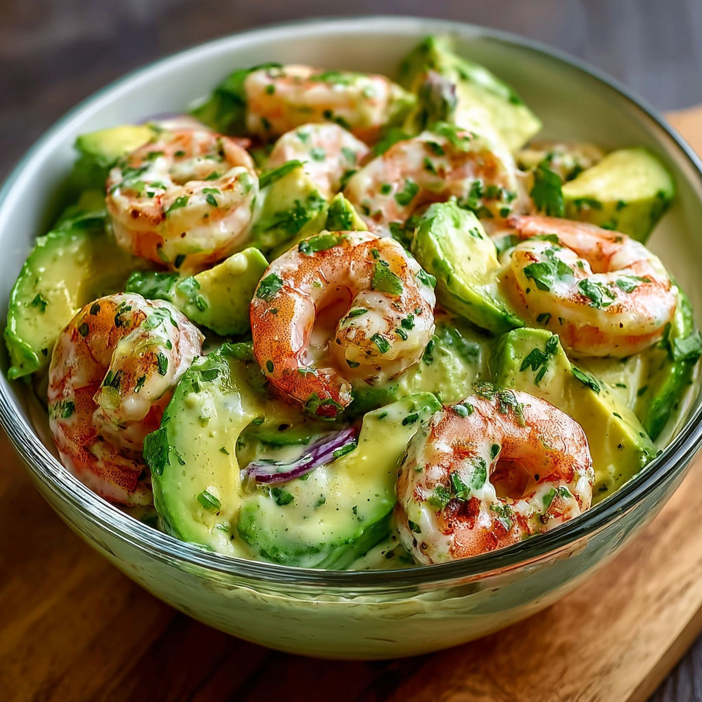 Salade avocat-crevettes, sauce au yaourt, herbes fraîches et légumes.