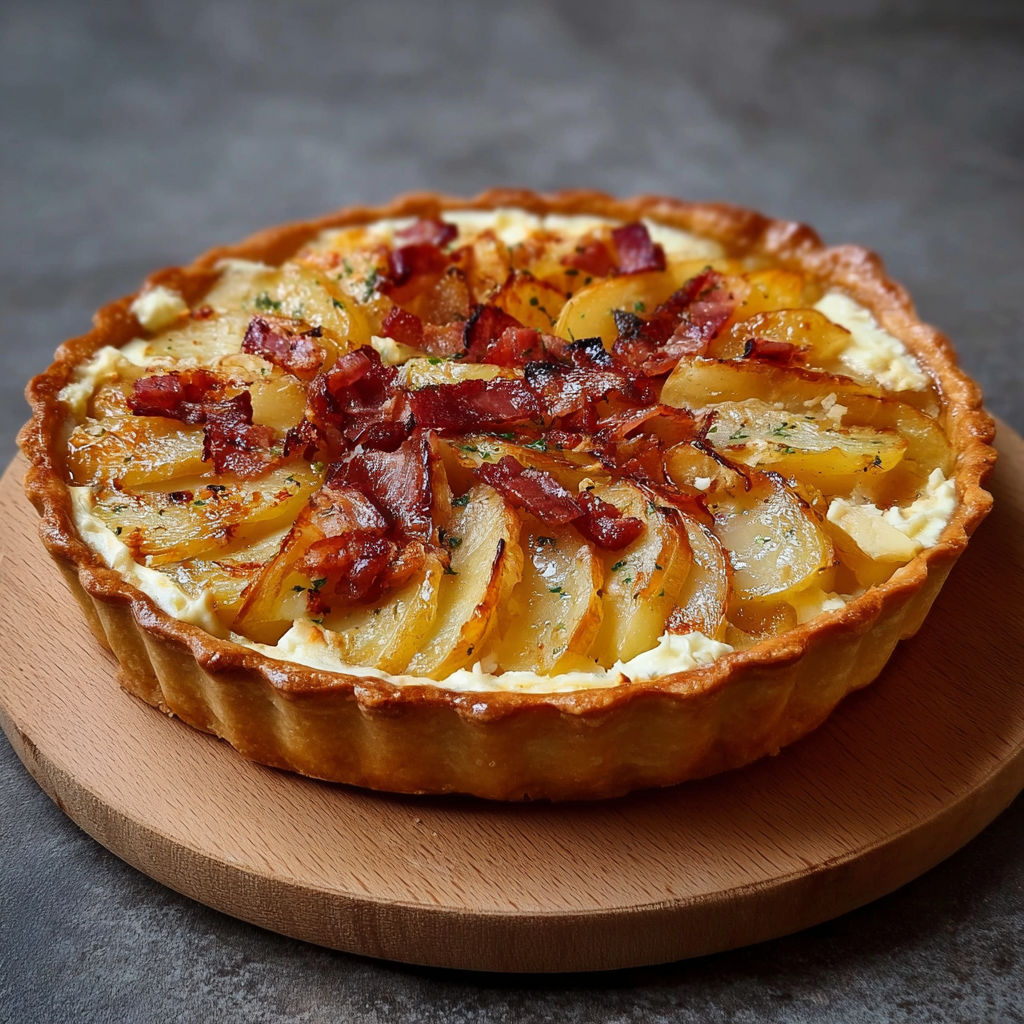 Part de tarte rustique pommes de terre et lardons posée sur une planche en bois.