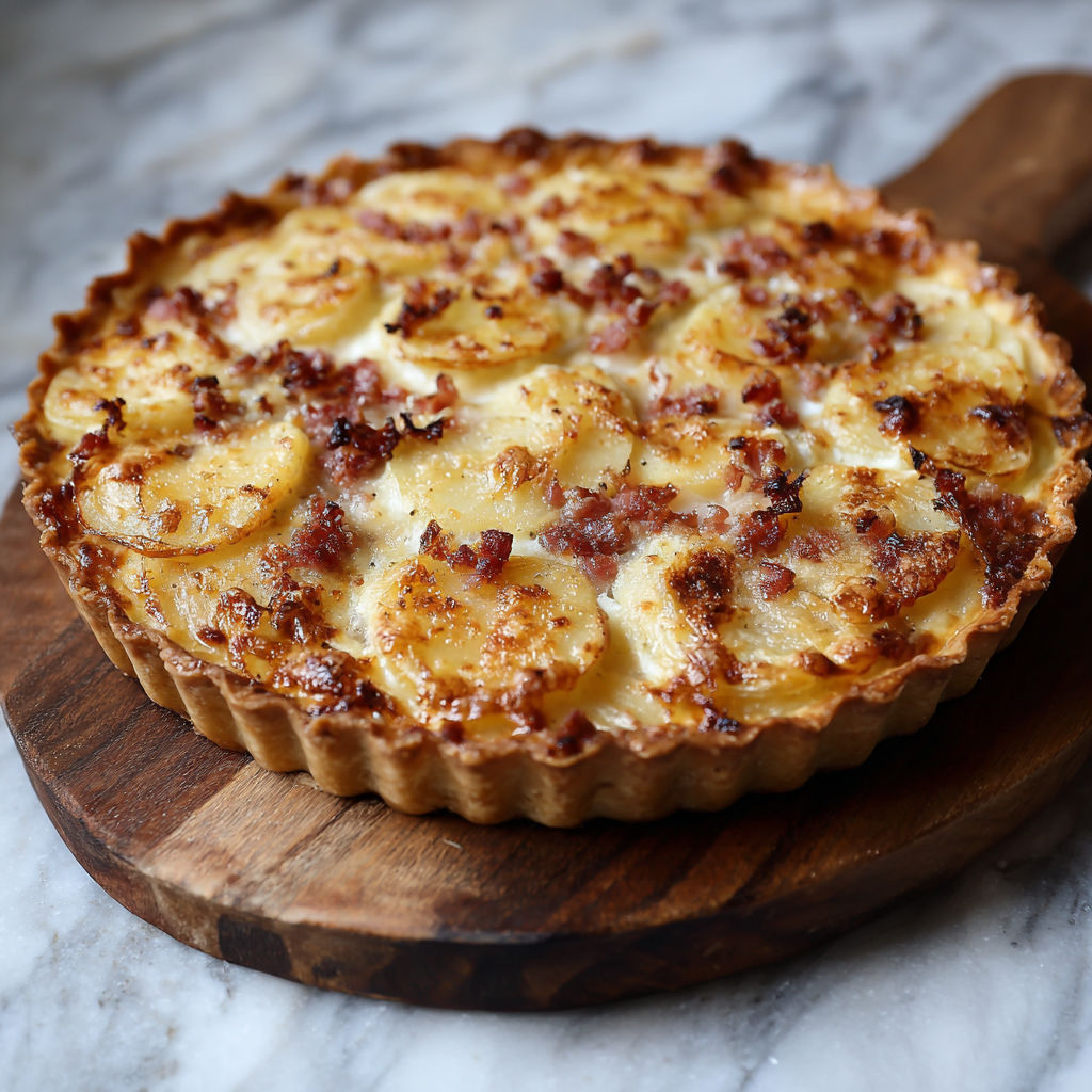 Part de tarte pommes de terre lardons sur une plaque de marbre, bien fondante.