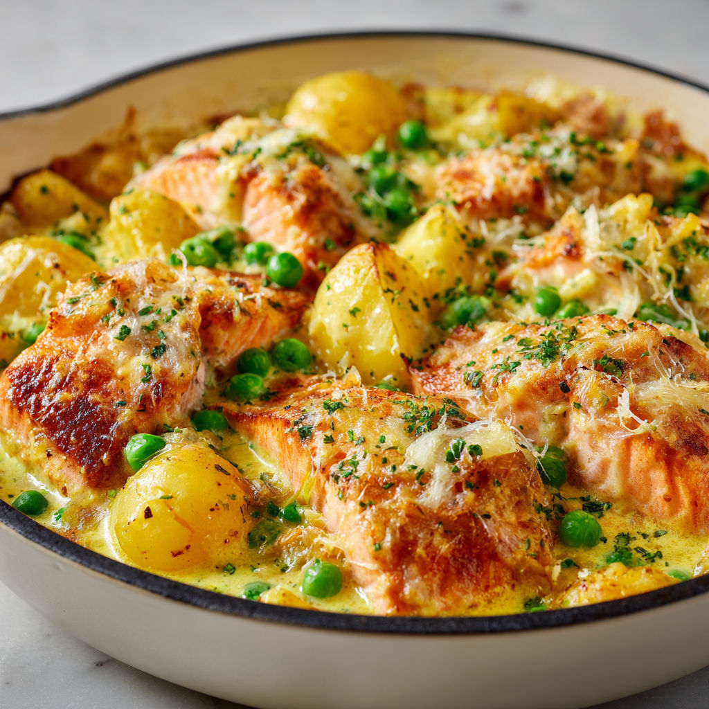 Un gratin de saumon mariné dans le lait de coco et au curry déposé dans une assiette sur une nappe.