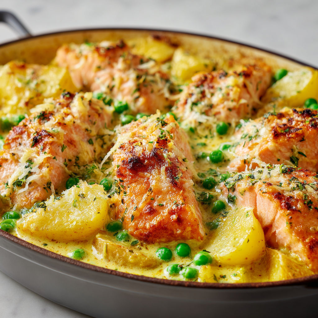 Un gratin de saumon au lait de coco et curry, agrémenté de pommes de terre et petits pois, servi dans une cassolette en métal.