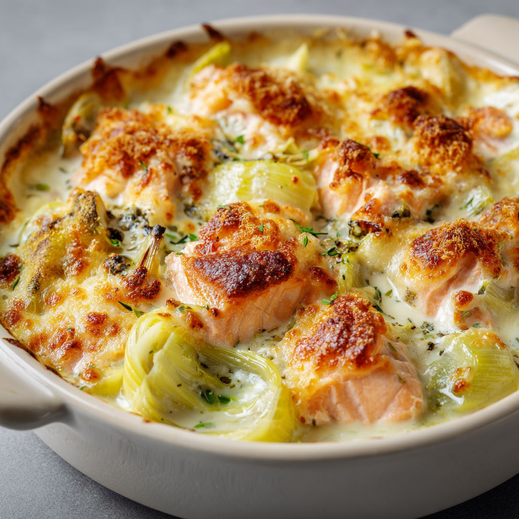 On sert une cassolette de saumon et poireaux gratinés dans un joli ramequin.