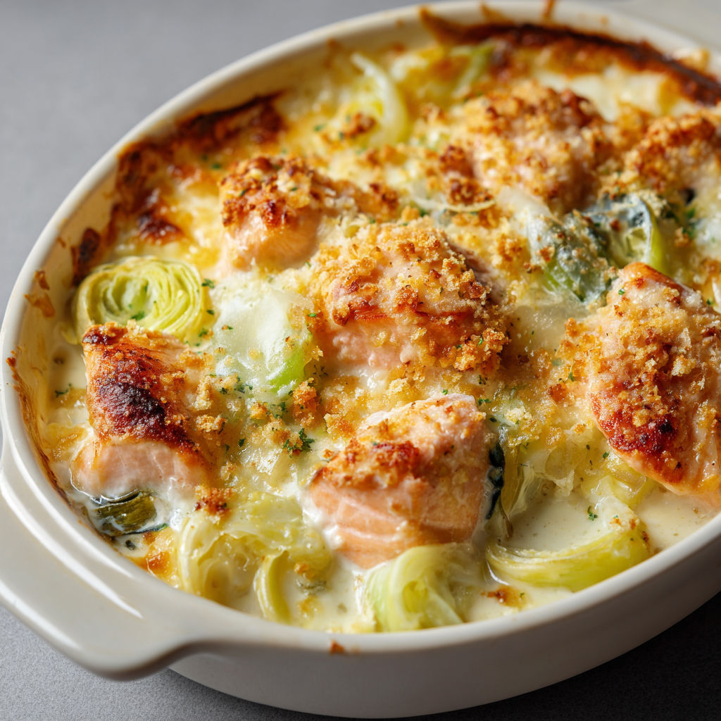 Un gratin généreux de poisson et légumes verts, servi à la cuillère dans un joli plat.