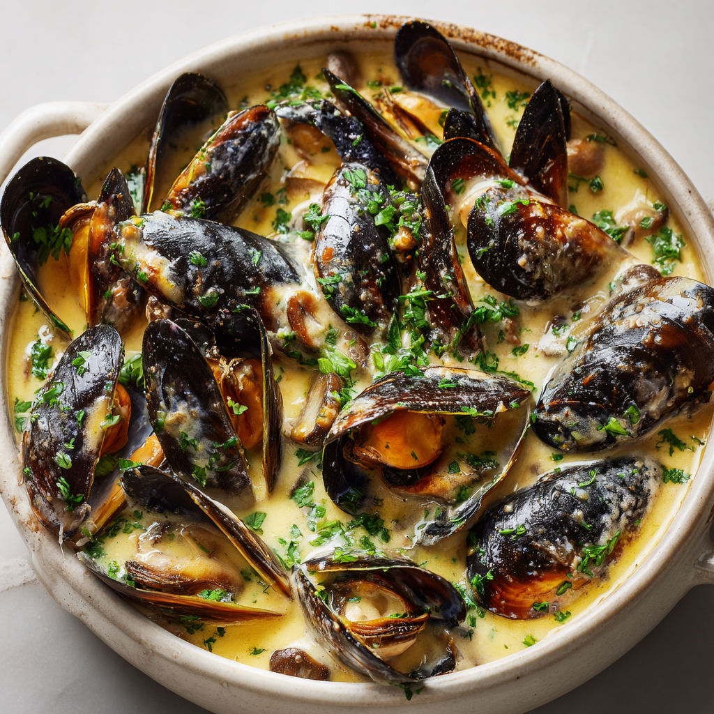 On sert dans un bol en céramique des moules au cidre, aux herbes fraîches et champignons.