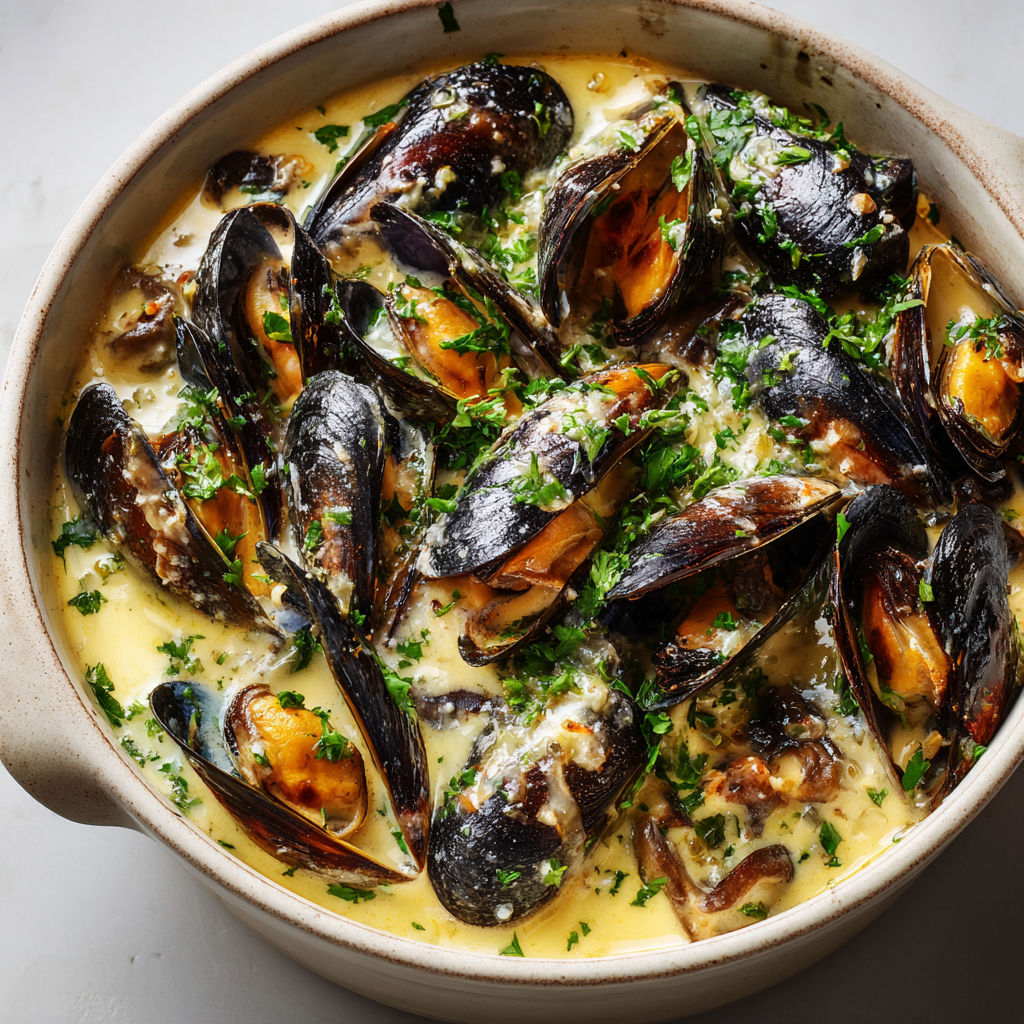 Une marmite de moules avec des herbes fraîches, servie dans un bol, pleine de couleurs iodées.