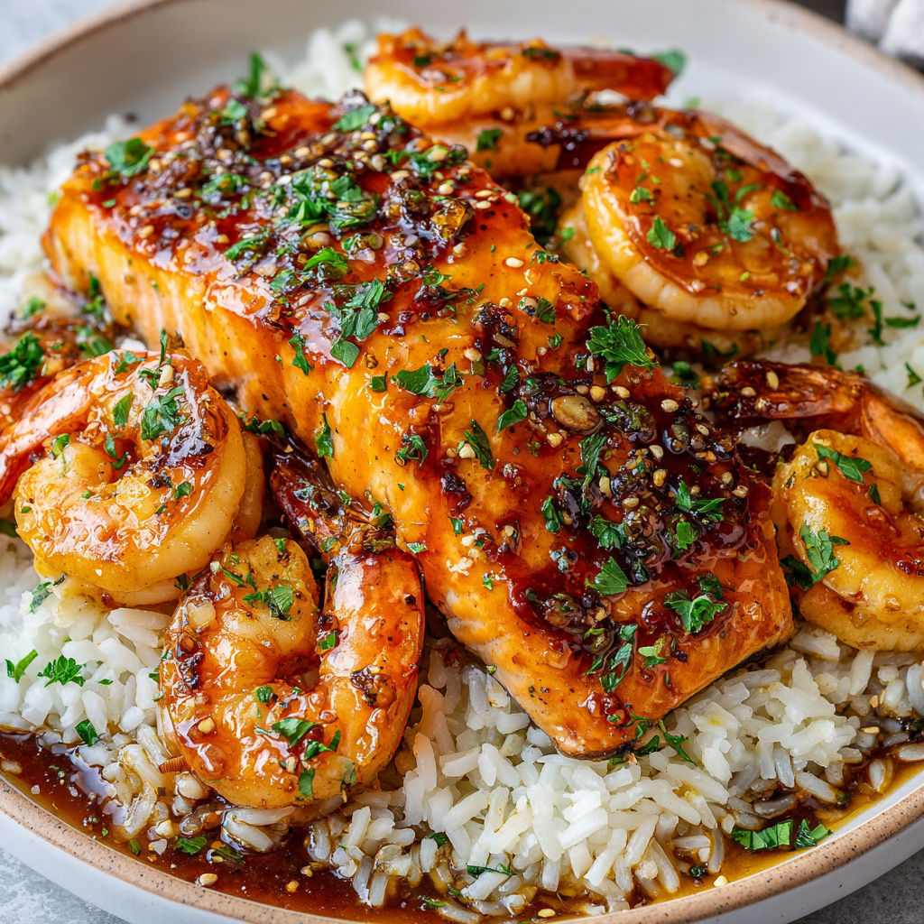 Assiette avec poisson et crevettes nappés d'une sauce dorée.
