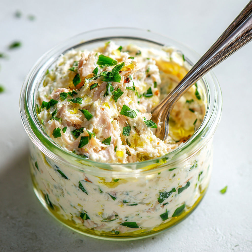 Dans une assiette, une cuillère en argent plongée dans une tartinade façon salade poulet.