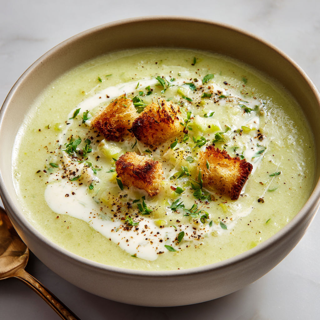 Bol fumant de velouté parsemé de croutons dorés et d’herbes fraîches.