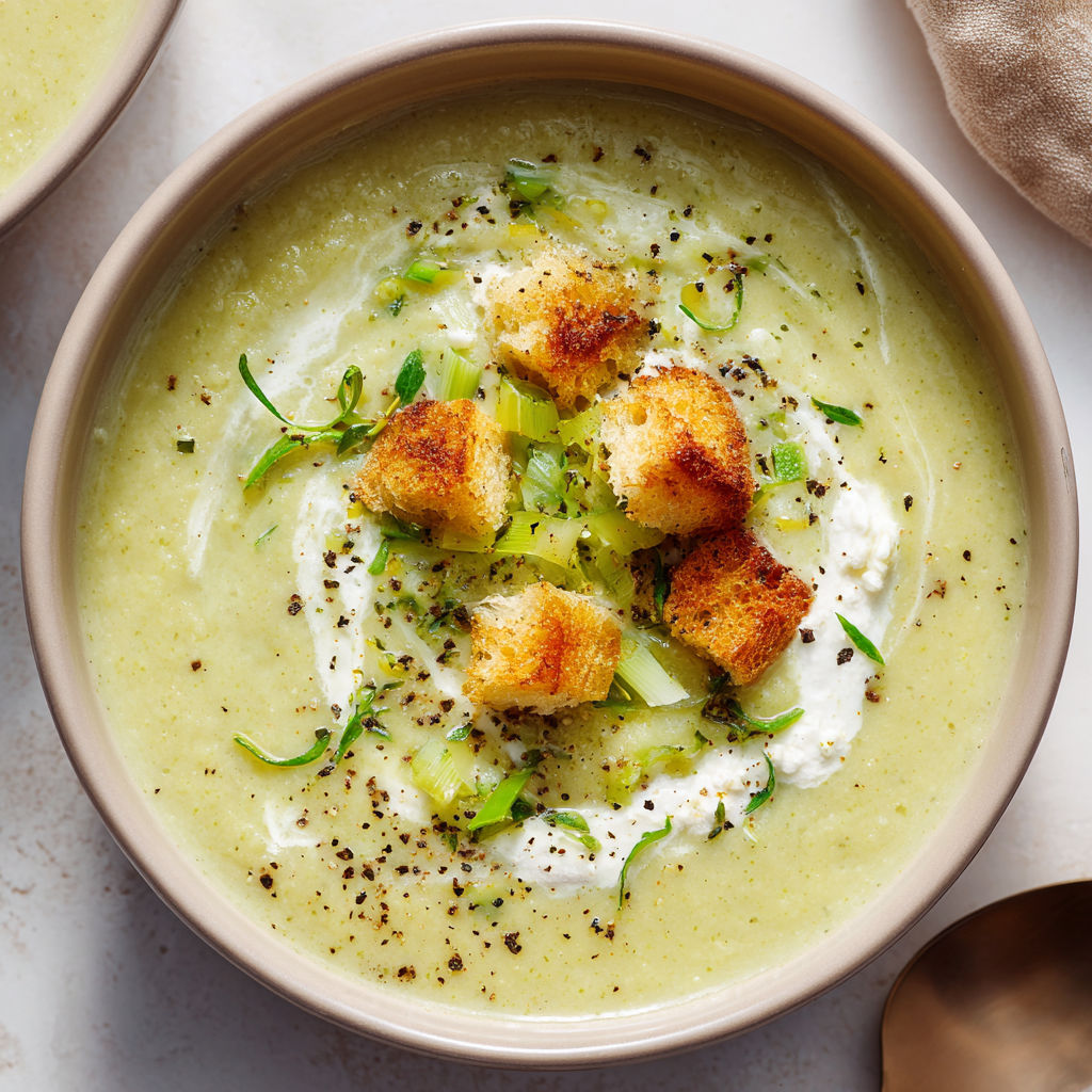 Un grand bol de velouté aux légumes, croûtons grillés et herbes fraîches servi sur une table rustique.