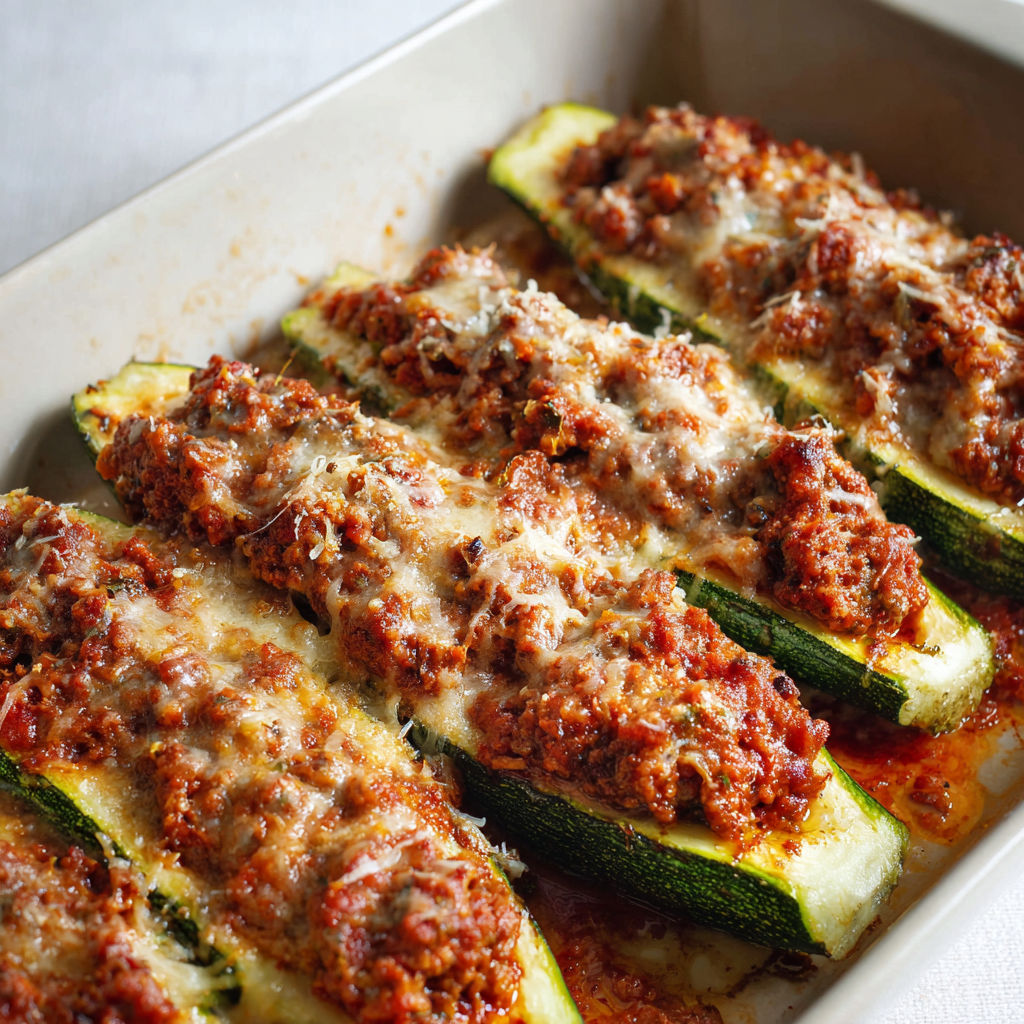 Des courgettes à la bolognaise fondantes et gratinées, prêtes à être dégustées.