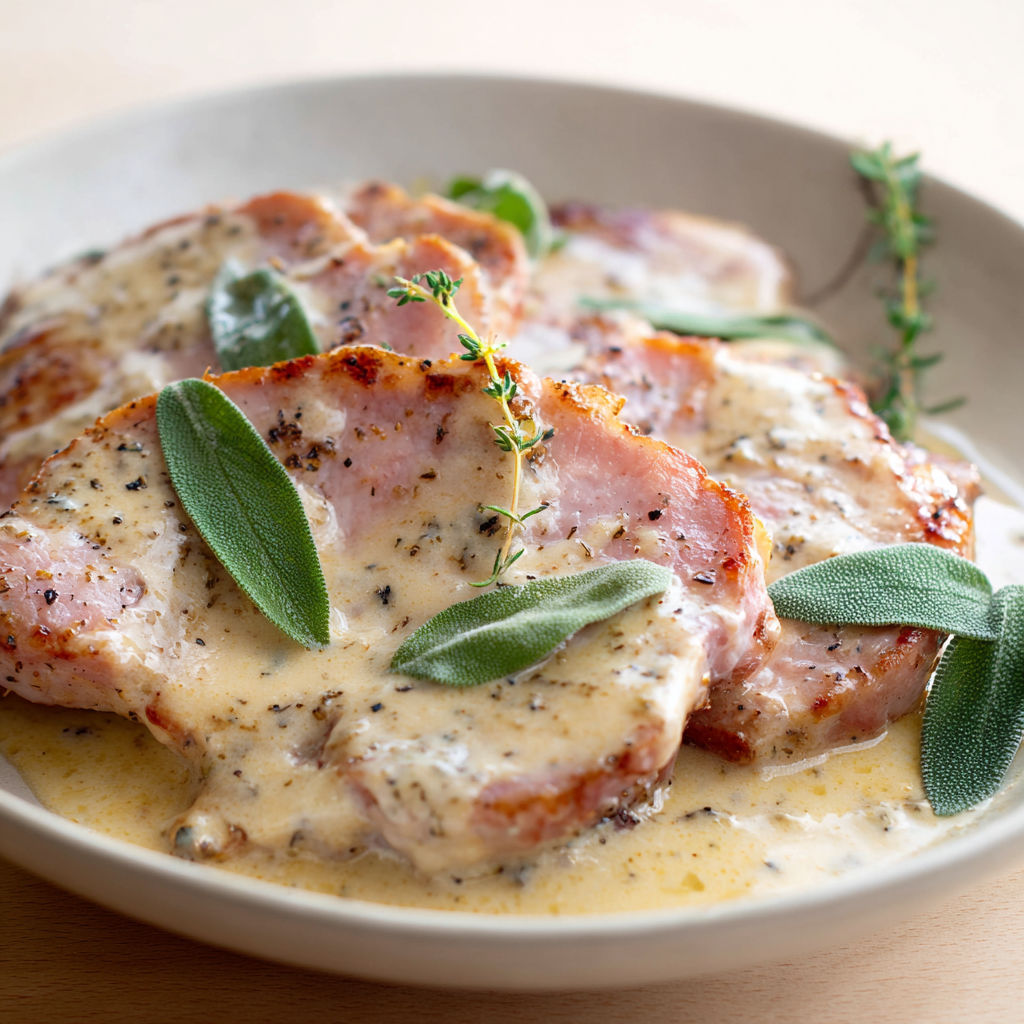 Steaks de jambon servis avec sauce crémeuse à la sauge.