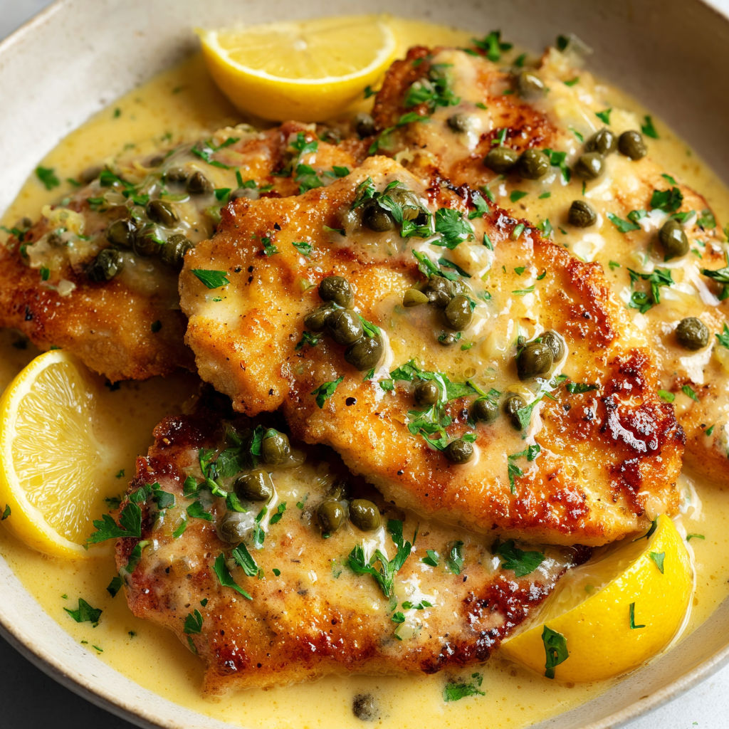 Assiette de poulet au citron et aux câpres, nappé d’une sauce douce et brillante.