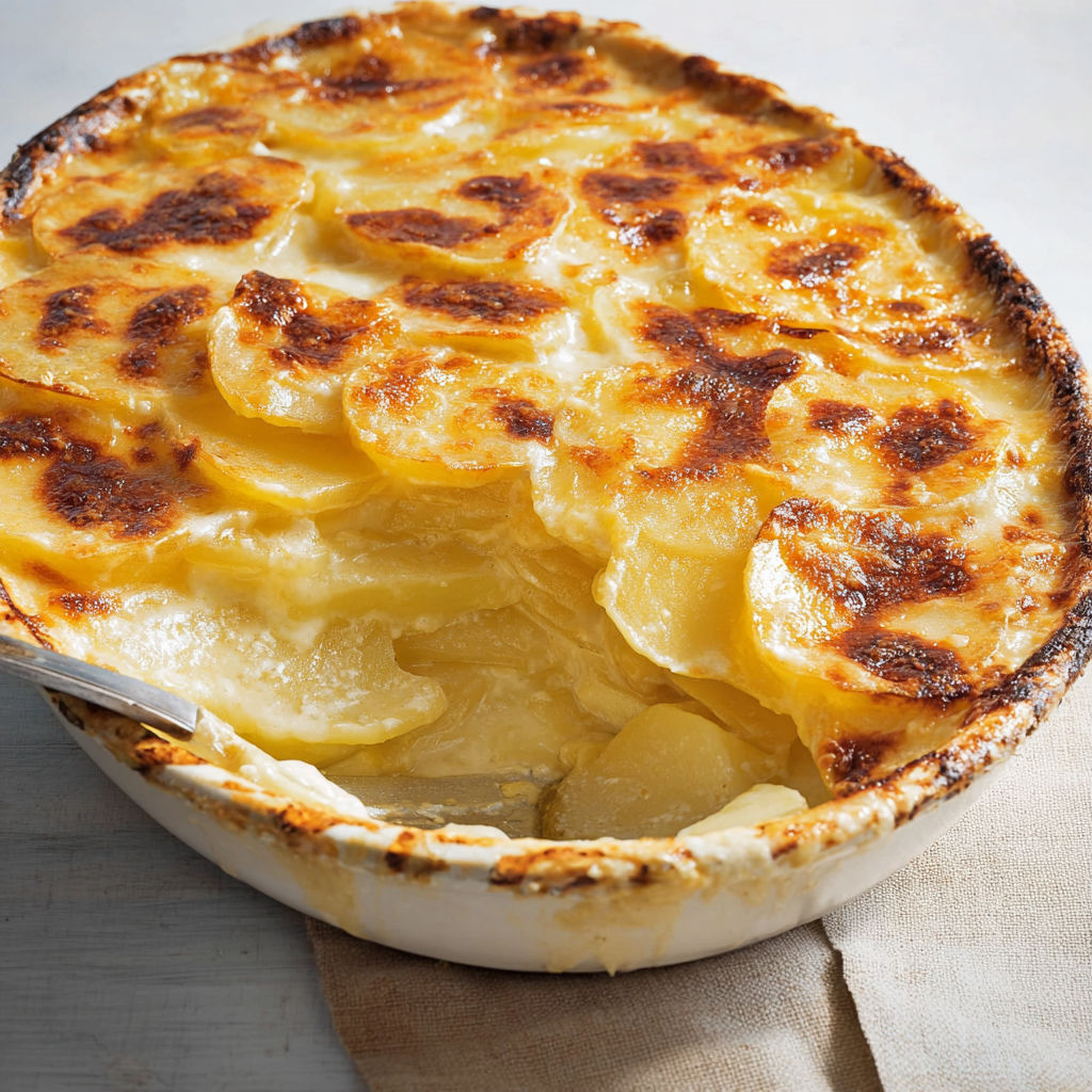 Dessert chaud aux pommes, pâte croustillante, pommes fondantes et crème de pommes, servi dans un petit plat en terre cuite.