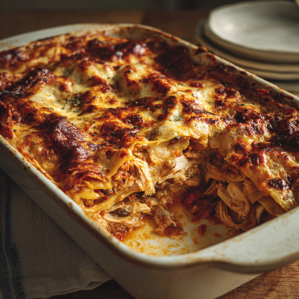 Un grand plat de lasagne garnie au poulet et lard fumé, prête à servir.