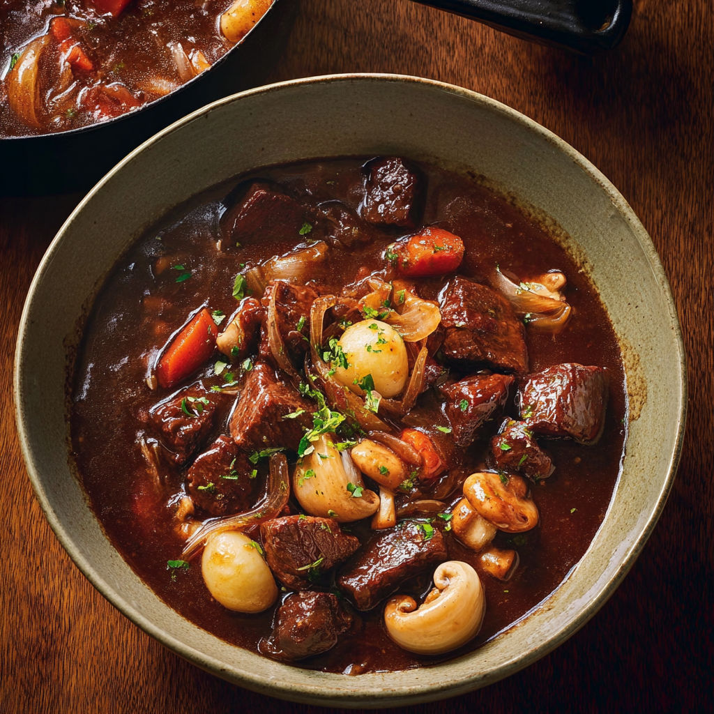 On retrouve une jolie assiette de boeuf bourguignon servie sur la table.