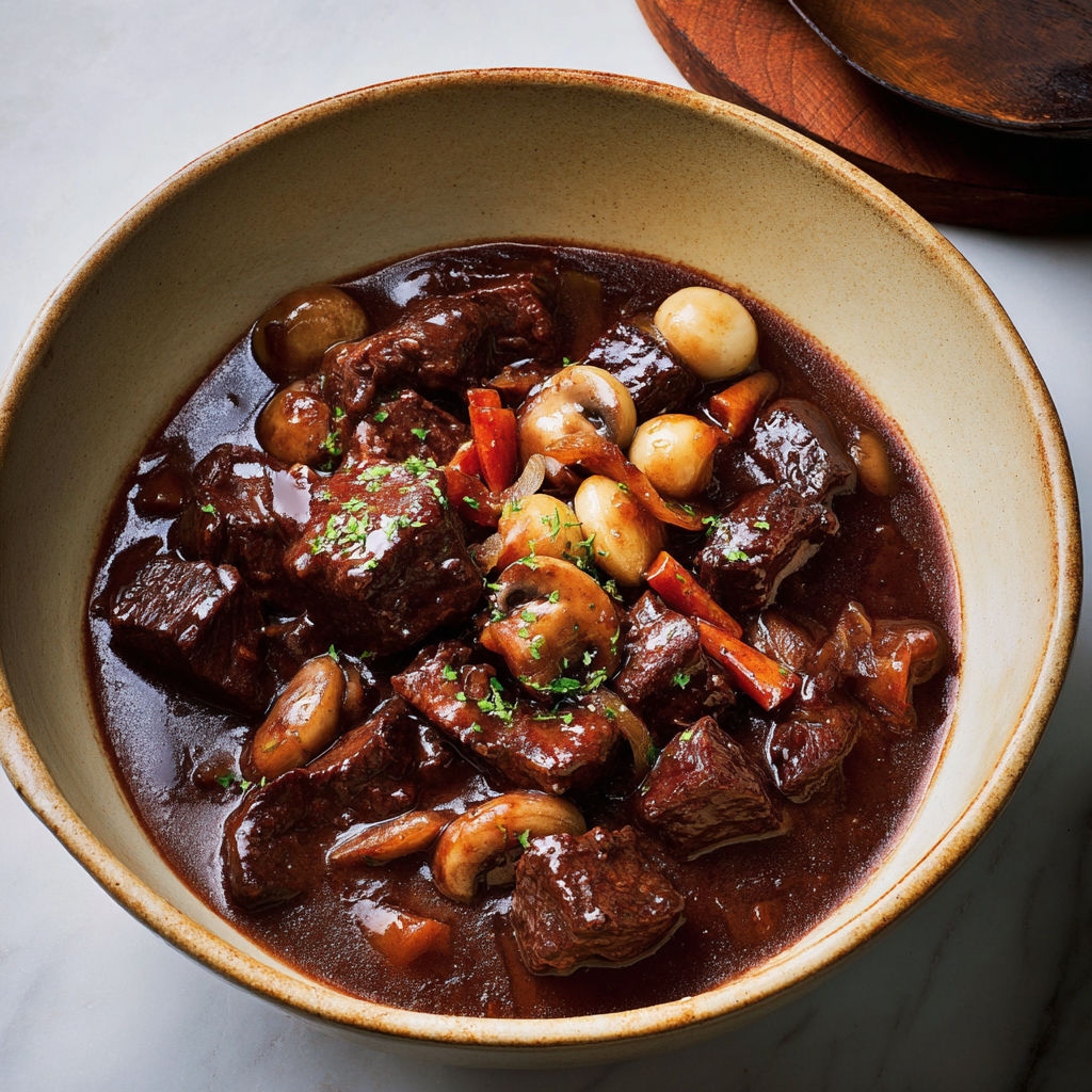 Un brouet de viande avec carottes et champignons à table.
