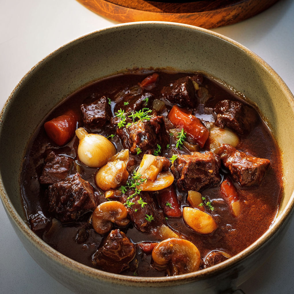 Un plat mijoté aux légumes, champignons et carottes bien fondants.