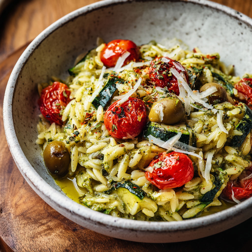 Bol rempli d'orzo au pesto et courgettes.